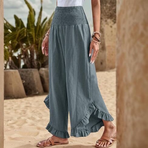 Linen Pants for Women 2025 Summer Casual Loose Flowy Boho Pants,Smocked Waist Ruffle Palazzo Pant with Pockets in Saudi Arabia