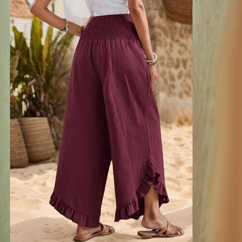 Linen Pants for Women 2025 Summer Casual Loose Flowy Boho Pants,Smocked Waist Ruffle Palazzo Pant with Pockets in Saudi Arabia