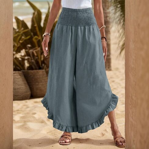 Linen Pants for Women 2025 Summer Casual Loose Flowy Boho Pants,Smocked Waist Ruffle Palazzo Pant with Pockets in Saudi Arabia