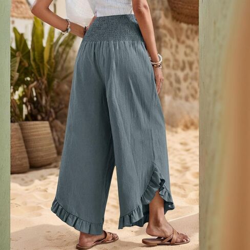Linen Pants for Women 2025 Summer Casual Loose Flowy Boho Pants,Smocked Waist Ruffle Palazzo Pant with Pockets in Saudi Arabia