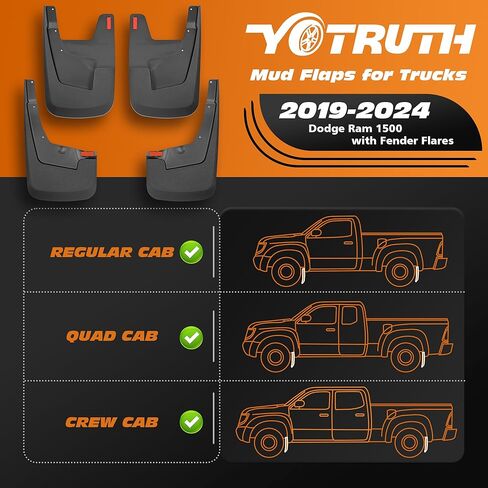 Mud Flaps for Trucks | Fits 2019-2024 Dodge Ram 1500 with Fender Flares, Front & Rear Splash Mud Guards, 4PC-Black in Saudi Arabia