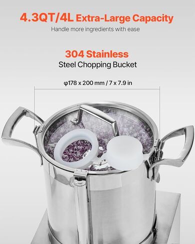 VEVOR Food Processor & Vegetable Chopper, 4.3 Quart Food-Grade Stainless Steel Food Processor Chopper with 2 Extra S-Curve Blades, Multifunctional for Chopping Vegetables, Fruit, Grains, Nuts in Kuwait