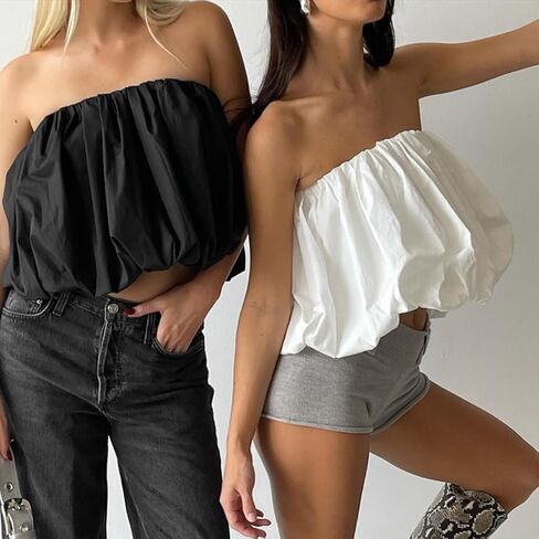 Women Y2k Sexy Strapless Bubble Tube Top Girls Coquette Cute Solid Puff Balloon Bandeau Tank Summer Streetwear in Kuwait