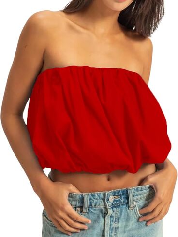 Women Y2k Sexy Strapless Bubble Tube Top Girls Coquette Cute Solid Puff Balloon Bandeau Tank Summer Streetwear in Kuwait
