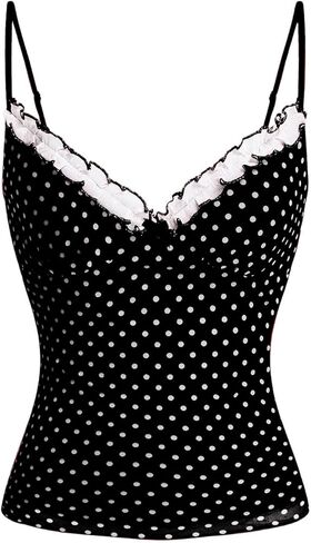 Women's Polka Dots Cami Tops Coquette Mesh Lace Trim V Neck Ruffle Hem Camisole Spaghetti Strap Y2k Tops in Kuwait