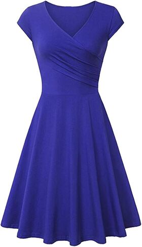 FLITAY Women's Vintage V Neck Cap Sleeve Dress Ruched Bodycon Top Dress Swing Hem Dress in Kuwait