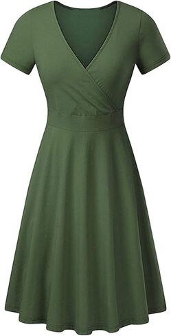 FLITAY Women's Vintage V Neck Cap Sleeve Dress Ruched Bodycon Top Dress Swing Hem Dress in Kuwait