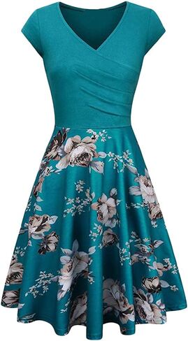 FLITAY Women's Vintage V Neck Cap Sleeve Dress Ruched Bodycon Top Dress Swing Hem Dress in Kuwait