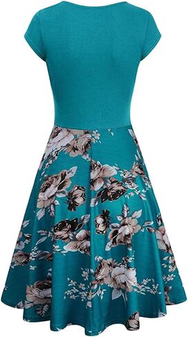 FLITAY Women's Vintage V Neck Cap Sleeve Dress Ruched Bodycon Top Dress Swing Hem Dress in Kuwait