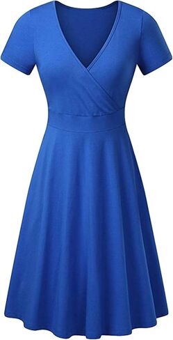 FLITAY Women's Vintage V Neck Cap Sleeve Dress Ruched Bodycon Top Dress Swing Hem Dress in Kuwait