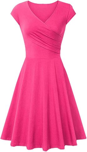 FLITAY Women's Vintage V Neck Cap Sleeve Dress Ruched Bodycon Top Dress Swing Hem Dress in Kuwait