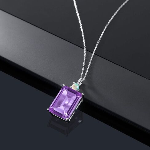 Gem Stone King 925 Sterling Silver Purple Amethyst and White Opal Pendant Necklace For Women (15.25 Cttw, Emerald Cut 18X13MM, With 18 Inch Silver Chain) in Saudi Arabia