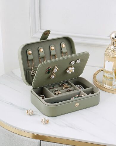 Jewelry Travel Case, Portable Travel Jewelry Box for Women, PU Leather, Snap Closure, Jewelry Holder Organizer Travel Essentials, Green in Saudi Arabia