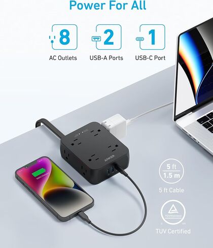 شريط طاقة مسطح من Anker Surge Protector 2000J، سلك تمديد رفيع بطول 5 أقدام مع 8 منافذ، 2 منفذ USB A ومنفذ USB C، 20 وات لجهاز iPhone15، حامل على الحائط، مدمج للمنزل والمكتب والغرفة، مدرج في قائمة TUV in Saudi Arabia
