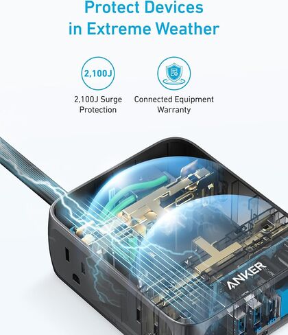 شريط طاقة مسطح من Anker Surge Protector 2000J، سلك تمديد رفيع بطول 5 أقدام مع 8 منافذ، 2 منفذ USB A ومنفذ USB C، 20 وات لجهاز iPhone15، حامل على الحائط، مدمج للمنزل والمكتب والغرفة، مدرج في قائمة TUV in Saudi Arabia