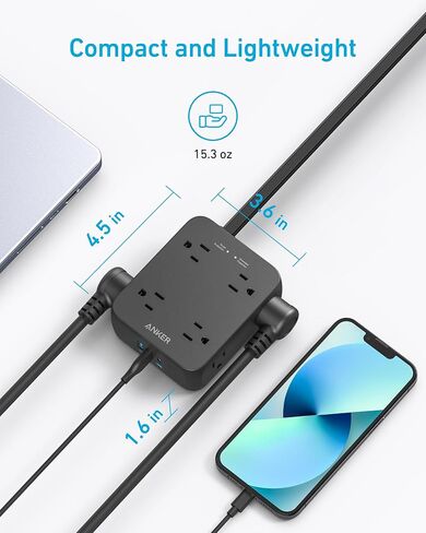 شريط طاقة مسطح من Anker Surge Protector 2000J، سلك تمديد رفيع بطول 5 أقدام مع 8 منافذ، 2 منفذ USB A ومنفذ USB C، 20 وات لجهاز iPhone15، حامل على الحائط، مدمج للمنزل والمكتب والغرفة، مدرج في قائمة TUV in Saudi Arabia
