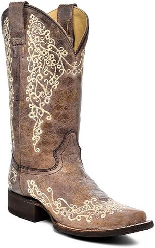 CORRAL LADIE'S BROWN CRATER BONE EMBROIDERY SQ. TOE, LEATHER WITH RUBBER INSERT SOLE, WESTERN A2663 in Saudi Arabia