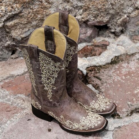 CORRAL LADIE'S BROWN CRATER BONE EMBROIDERY SQ. TOE, LEATHER WITH RUBBER INSERT SOLE, WESTERN A2663 in Saudi Arabia