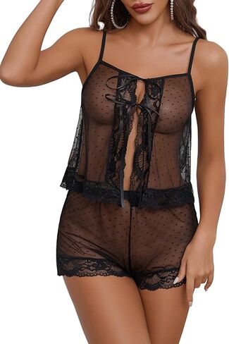 Avidlove Lingerie for Women Sexy Pajamas Sheer Open Front Sleepwear Lace Polka Dot Cami Shorts Set 2 piece in Saudi Arabia