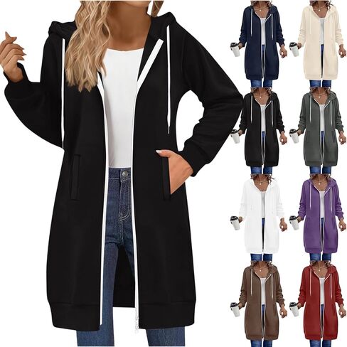 Zip up Hoodie Women Long Sleeve Fleece Oversized Long Sweatshirts Casual Fall Jacket Coat with Pocket in Saudi Arabia