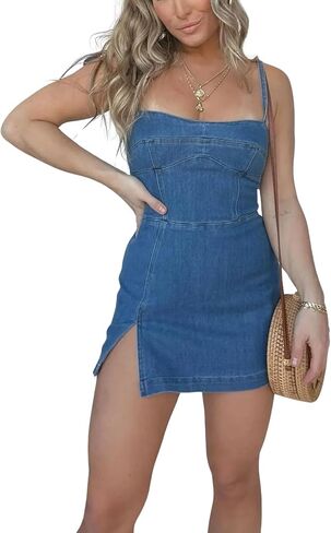utcoco Women's 2025 Summer Tie Shoulder Denim Mini Dress Sleeveless Side Slit Bodycon Short Jean Dress in Saudi Arabia