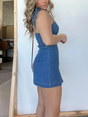 utcoco Women's 2025 Summer Tie Shoulder Denim Mini Dress Sleeveless Side Slit Bodycon Short Jean Dress in Saudi Arabia