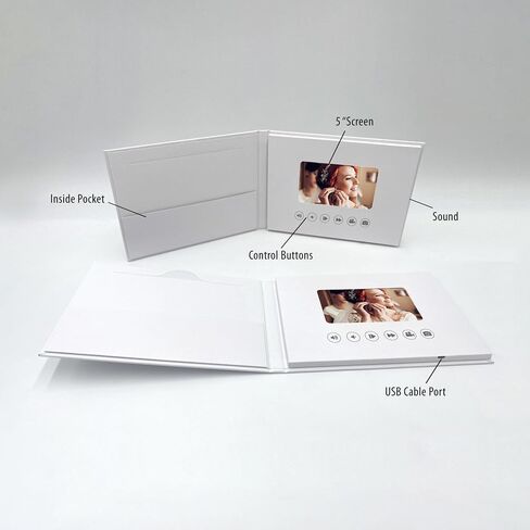 Movida 5"" Screen Video and Photo Book Luxury Hardbook Cover - Graduation, Wedding, Memory, Video Album Digital Book 5"" IPS Display, 2 GB Memory, Rechargeable Battery, Hangs on Wall, Small, White in Saudi Arabia