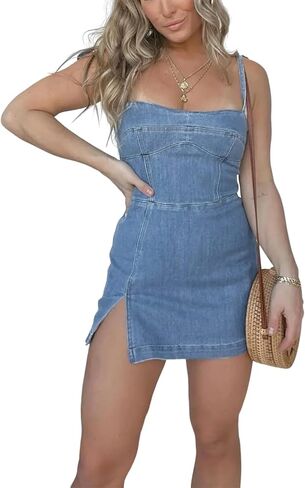 utcoco Women's 2025 Summer Tie Shoulder Denim Mini Dress Sleeveless Side Slit Bodycon Short Jean Dress in Saudi Arabia