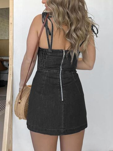 utcoco Women's 2025 Summer Tie Shoulder Denim Mini Dress Sleeveless Side Slit Bodycon Short Jean Dress in Saudi Arabia