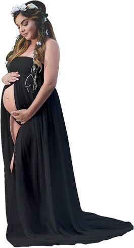 YnimioAOX Women's Off Shoulder Strapless Tube Maternity Dress for Photography Split Front Chiffon Gown for Photoshoot in Saudi Arabia