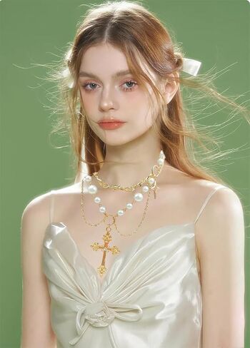 Gold Pearl Cross Necklaces for Women Gothic Hollow Cross Pendant Necklace Vintage Adjustable Necklace Layered Tassels Choker Necklace Prom Jewelry Gift in Saudi Arabia
