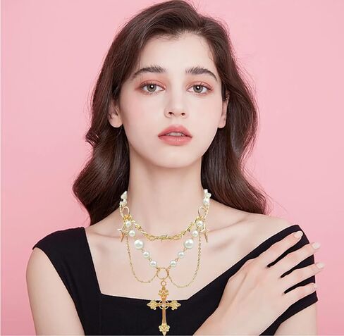 Gold Pearl Cross Necklaces for Women Gothic Hollow Cross Pendant Necklace Vintage Adjustable Necklace Layered Tassels Choker Necklace Prom Jewelry Gift in Saudi Arabia