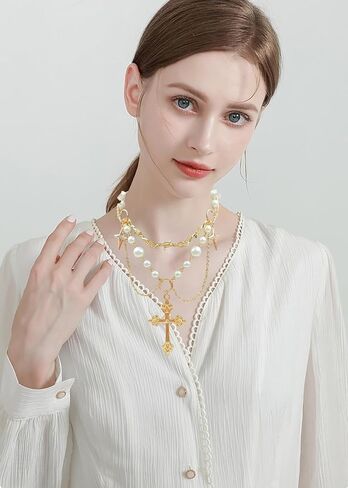 Gold Pearl Cross Necklaces for Women Gothic Hollow Cross Pendant Necklace Vintage Adjustable Necklace Layered Tassels Choker Necklace Prom Jewelry Gift in Saudi Arabia