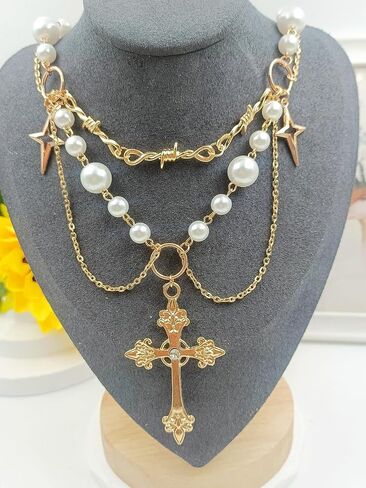 Gold Pearl Cross Necklaces for Women Gothic Hollow Cross Pendant Necklace Vintage Adjustable Necklace Layered Tassels Choker Necklace Prom Jewelry Gift in Saudi Arabia