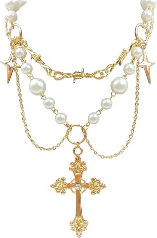 Gold Pearl Cross Necklaces for Women Gothic Hollow Cross Pendant Necklace Vintage Adjustable Necklace Layered Tassels Choker Necklace Prom Jewelry Gift in Saudi Arabia