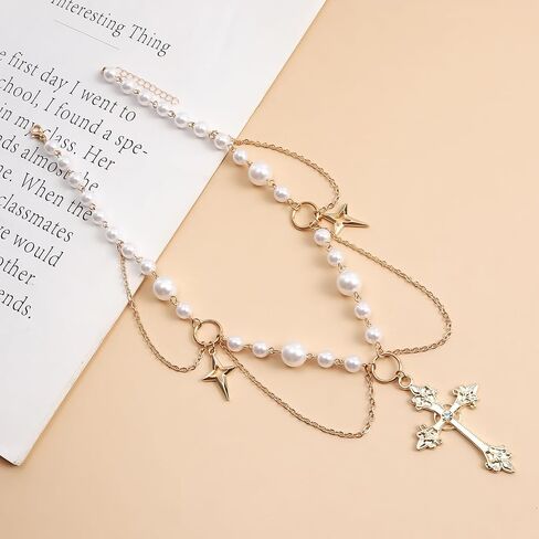 Gold Pearl Cross Necklaces for Women Gothic Hollow Cross Pendant Necklace Vintage Adjustable Necklace Layered Tassels Choker Necklace Prom Jewelry Gift in Saudi Arabia