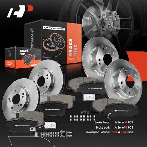 A-Premium Front Vented & Rear Solid Disc Brake Rotors + Ceramic Pads Kit Compatible with Select Honda Models - Accord 2003 2004 2005 2006 2007, 2.4L, 4-Wheel Disc Brakes, 12-PC Set in Saudi Arabia