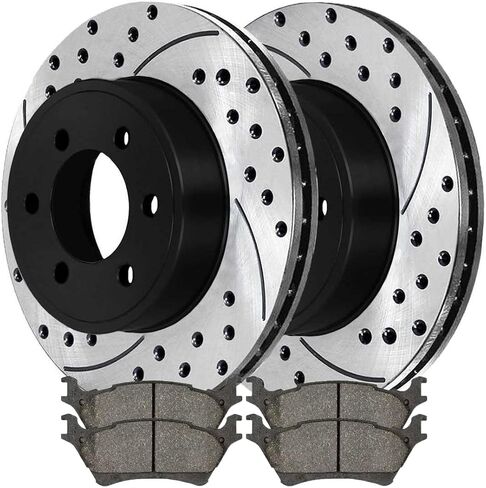 استبدال مجموعة الفرامل الخلفية Autoshack لعام 2012-2017 Ford F-150 3.5L 4WD AWD RWD حفر ومغطى بالفرامل المغطاة بالرسوم الإلكترونية منصات الفرامل السيراميك السوداء 13.71 "348.2 مم BRKPKG0960 in Kuwait