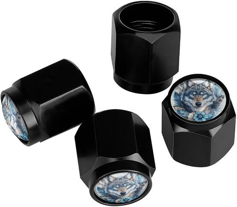Blue Eyes Wolf Tire Valve Stem Caps Aluminum Black Stem Tire Valve Caps Universal Stem Covers for Cars SUVs Trucks Bikes Motorcycles Bicycles (4 Pack) in Saudi Arabia