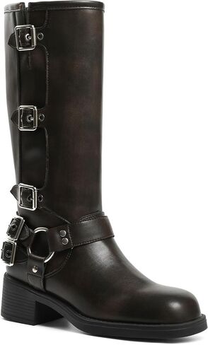 Knee High Boots Women Moto Biker Buckle Tall Boots | Square Toe Pull On Riding Long Boots Chunky Low Heel Casual Vintage Rivet Club Trendy Motorcycle Festival Spring Summer Fall in Saudi Arabia