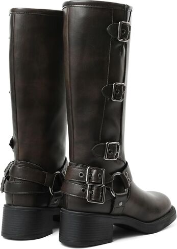 Knee High Boots Women Moto Biker Buckle Tall Boots | Square Toe Pull On Riding Long Boots Chunky Low Heel Casual Vintage Rivet Club Trendy Motorcycle Festival Spring Summer Fall in Saudi Arabia