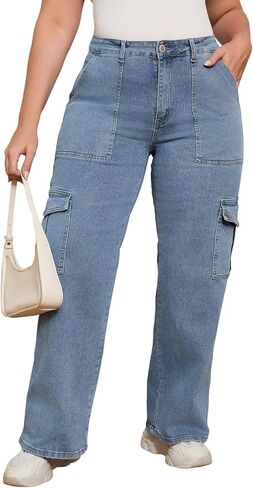 Plus Size Women’s High Waist Wide Leg Cargo Jeans – Relaxed Fit Utility Denim Pants with Side Pockets in Saudi Arabia