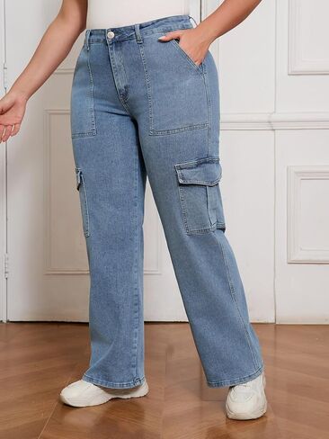 Plus Size Women’s High Waist Wide Leg Cargo Jeans – Relaxed Fit Utility Denim Pants with Side Pockets in Saudi Arabia