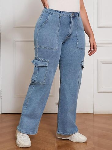 Plus Size Women’s High Waist Wide Leg Cargo Jeans – Relaxed Fit Utility Denim Pants with Side Pockets in Saudi Arabia