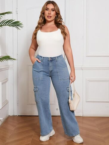 Plus Size Women’s High Waist Wide Leg Cargo Jeans – Relaxed Fit Utility Denim Pants with Side Pockets in Saudi Arabia