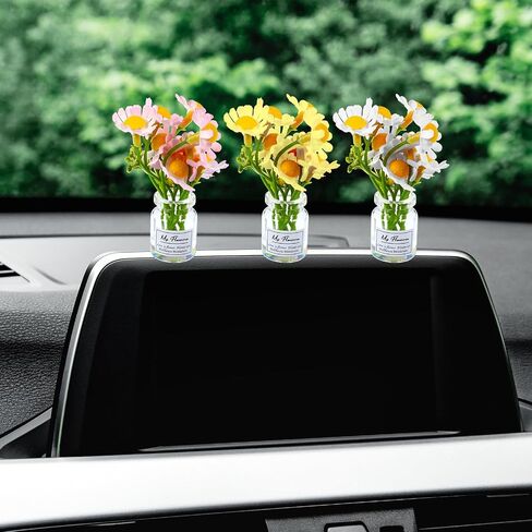 3pcs إكسسوارات Daisy Flower Dashboard ، مصغرة سيارة زخارف مقطوعة مقطع مقطع للسيارة معطرات الهواء الزخارف المركزية (اللون الأبيض الأصفر) in Kuwait