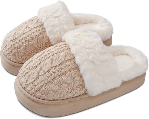 Women's Fuzzy Knit House Slippers with Faux Fur Lining, Warm Comfy Non-Slip Indoor Outdoor Bedroom Shoes for Fall Winter in Saudi Arabia