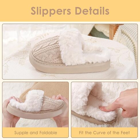 Women's Fuzzy Knit House Slippers with Faux Fur Lining, Warm Comfy Non-Slip Indoor Outdoor Bedroom Shoes for Fall Winter in Saudi Arabia