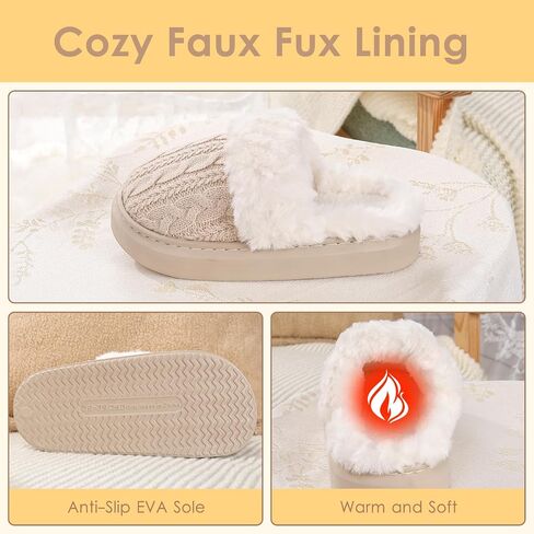 Women's Fuzzy Knit House Slippers with Faux Fur Lining, Warm Comfy Non-Slip Indoor Outdoor Bedroom Shoes for Fall Winter in Saudi Arabia