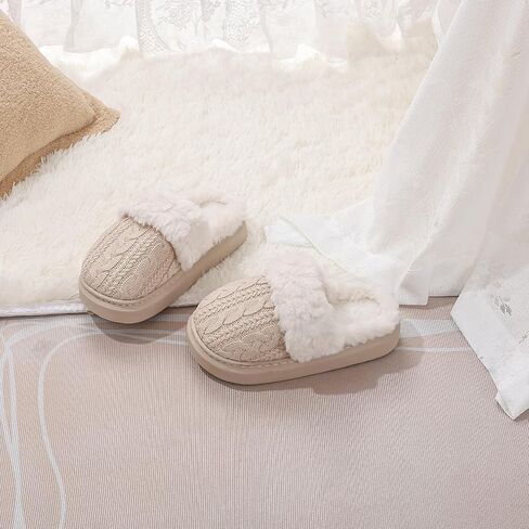 Women's Fuzzy Knit House Slippers with Faux Fur Lining, Warm Comfy Non-Slip Indoor Outdoor Bedroom Shoes for Fall Winter in Saudi Arabia